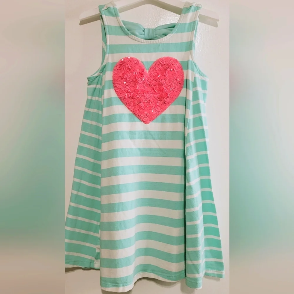 Tommy Bahama Mint Green Striped Dress with Pink Heart Sequins Accent Size S 5/6 - Picture 4 of 10